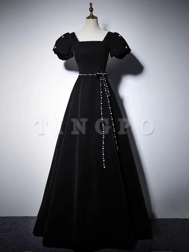 Wholesale A-Line Velvet Black Long Prom Dress Black Long Formal Dress gowns evening dresses
